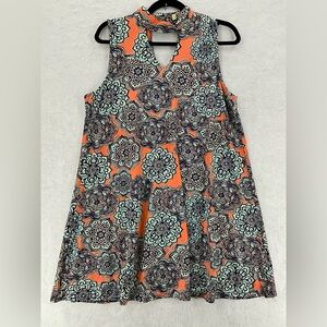 Aryeh Sleeveless Orange Teal Blue Mandala Pattern A-Line Dress Size L